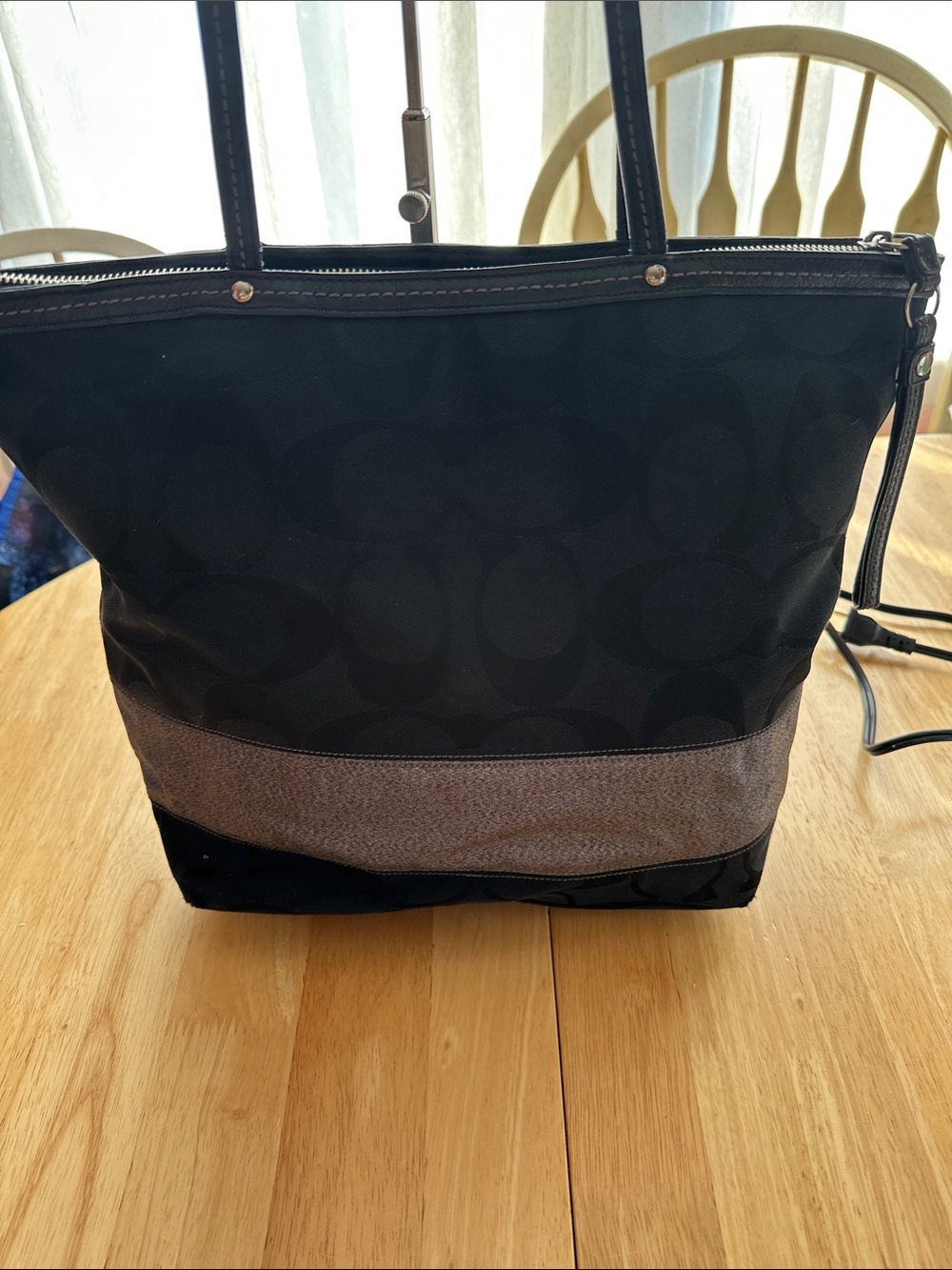 Coach 2011 Black Tote with Taupe Stripe